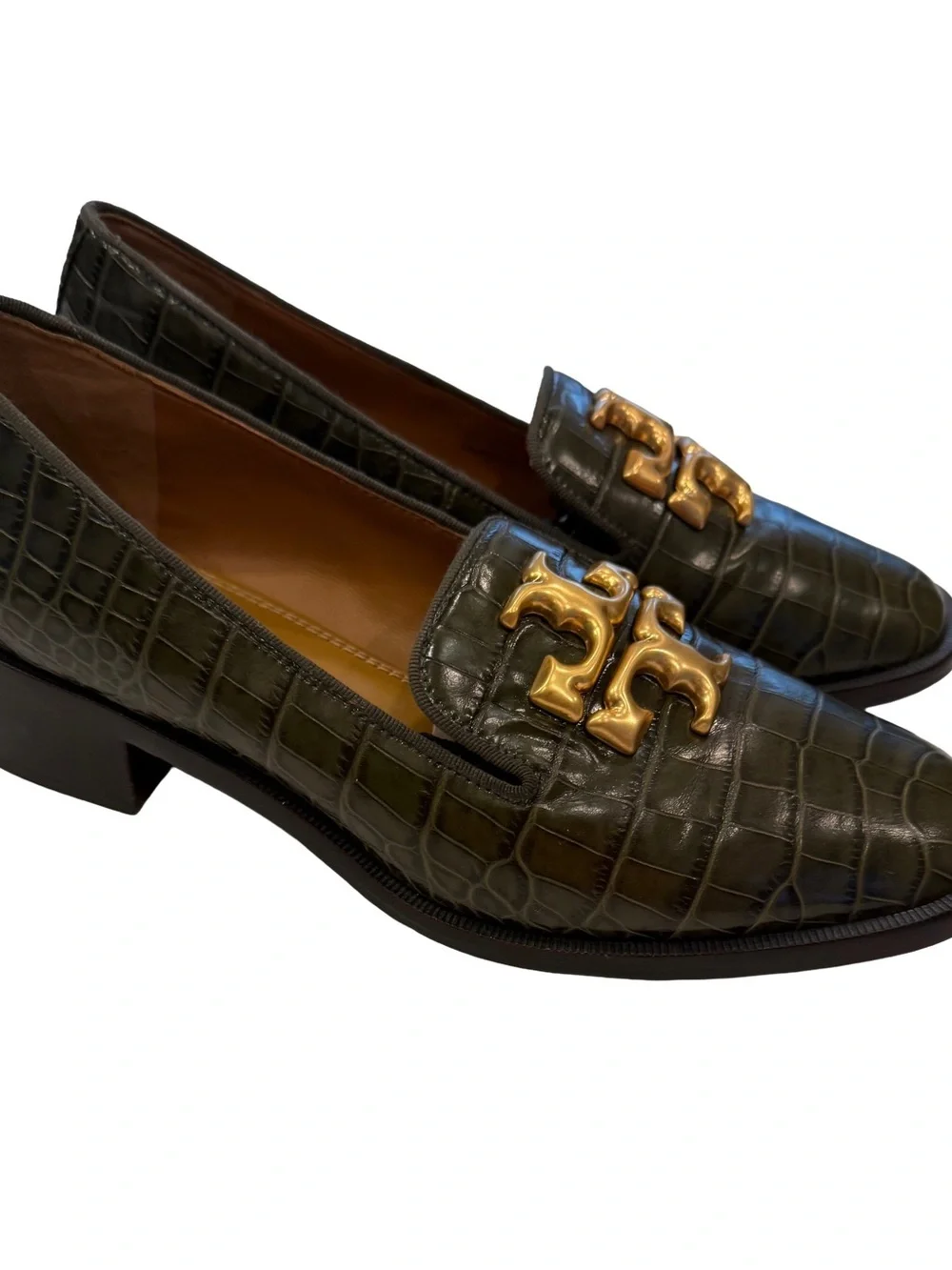 Tory Burch Eleanor Logo Heeled Leather Loafer Leccio Green Croc Embossed US 7.5
